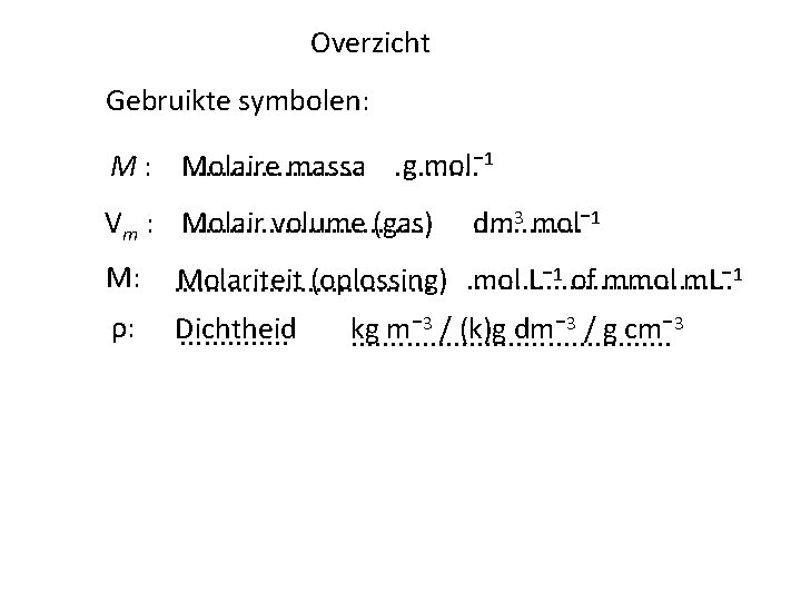 Overzicht Gebruikte symbolen: g mol⁻ 1 M : Molaire. . . . . massa.