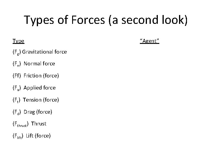 Types of Forces (a second look) Type (Fg) Gravitational force (Fn) Normal force (Ff)