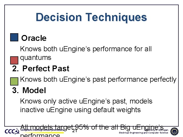 Decision Techniques 1. Oracle Knows both u. Engine’s performance for all quantums 2. Perfect