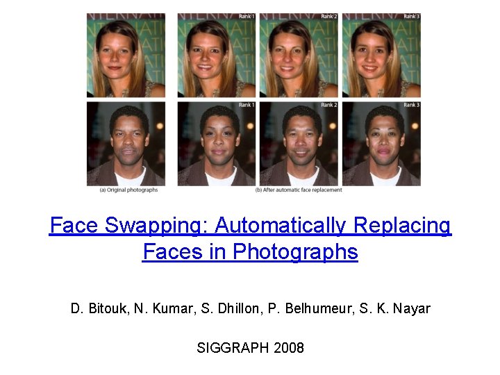 Face Swapping: Automatically Replacing Faces in Photographs D. Bitouk, N. Kumar, S. Dhillon, P.