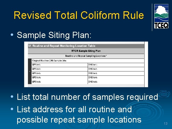 Revised Total Coliform Rule • Sample Siting Plan: • List total number of samples