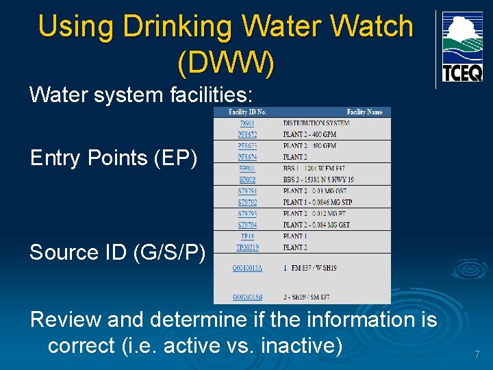 Using Drinking Water Watch (DWW) Water system facilities: Entry Points (EP) Source ID (G/S/P)