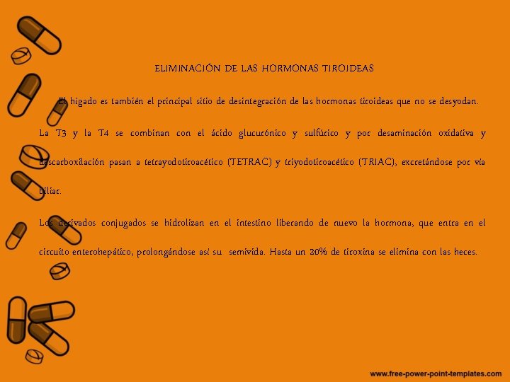 ELIMINACIÓN DE LAS HORMONAS TIROIDEAS El hígado es también el principal sitio de desintegración