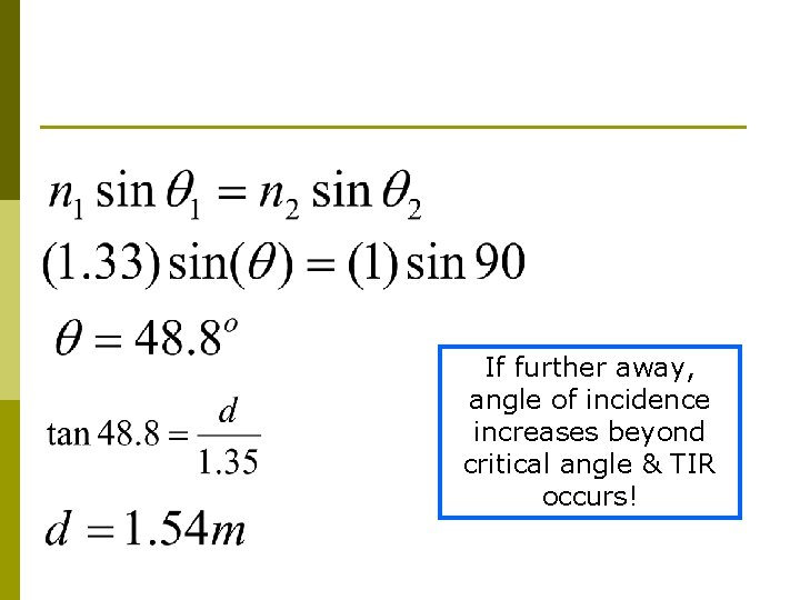 If further away, angle of incidence increases beyond critical angle & TIR occurs! 