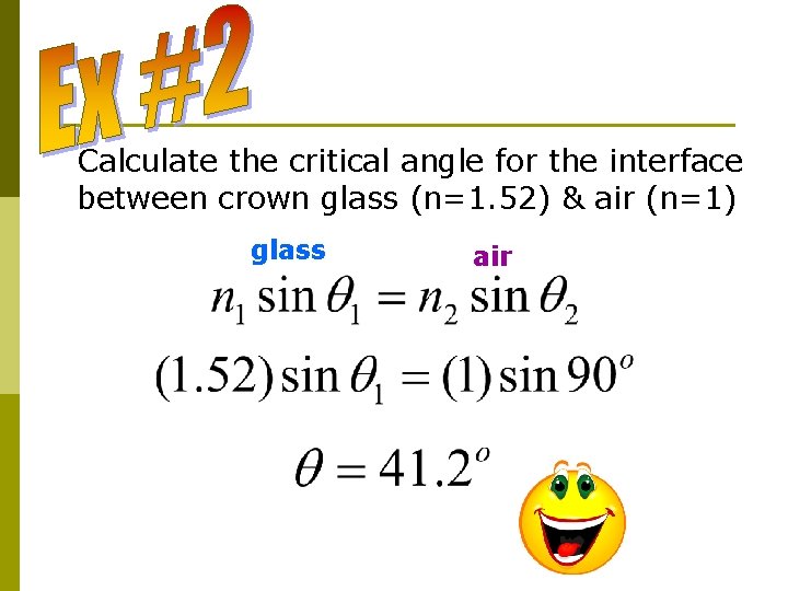 Calculate the critical angle for the interface between crown glass (n=1. 52) & air