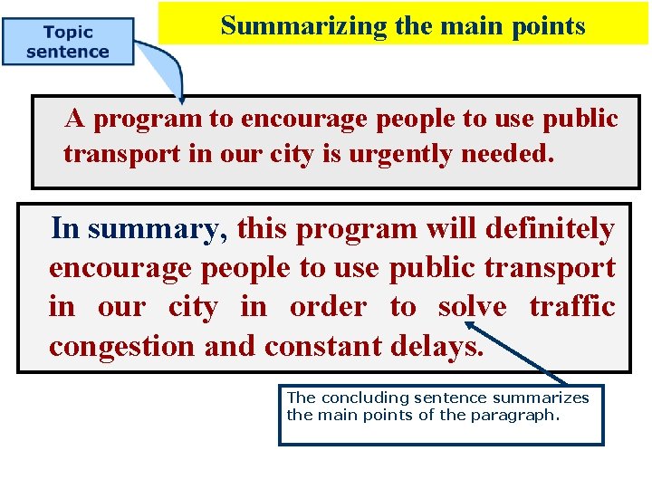 Summarizing the main points A program to encourage people to use public transport in