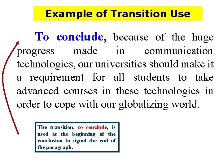 Example of Transition Use To conclude, because of the huge progress made in communication