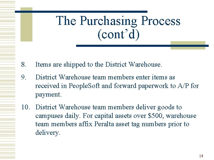 The Purchasing Process (cont’d) 8. Items are shipped to the District Warehouse. 9. District