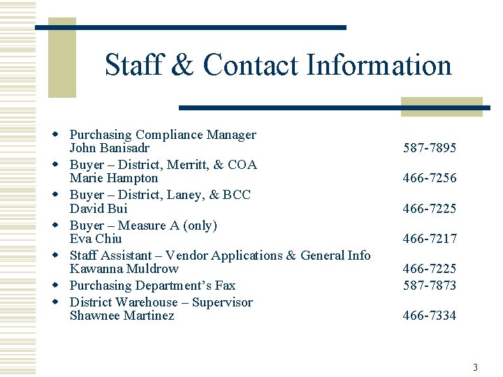 Staff & Contact Information w Purchasing Compliance Manager John Banisadr w Buyer – District,