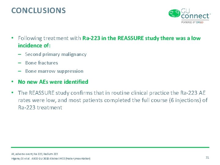 CONCLUSIONS • Following treatment with Ra-223 in the REASSURE study there was a low