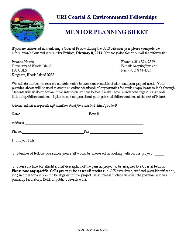 URI Coastal & Environmental Fellowships MENTOR PLANNING SHEET If you are interested in mentoring