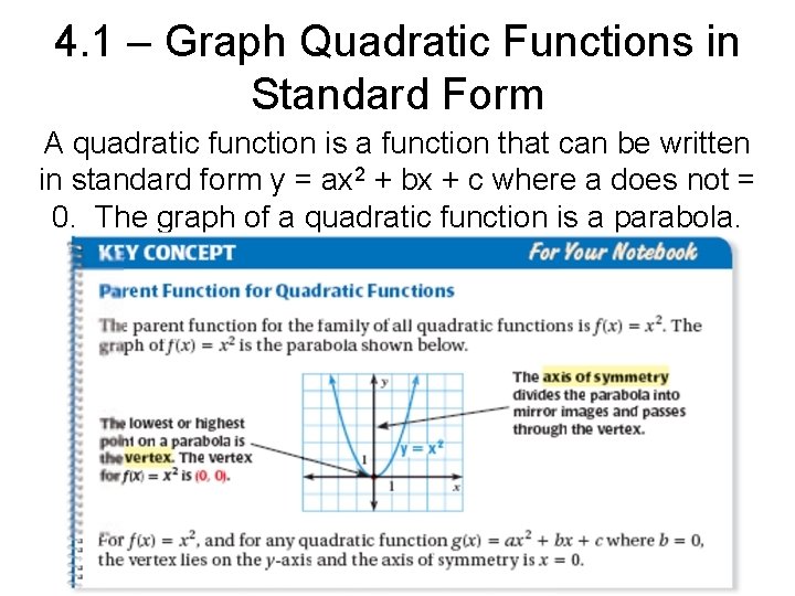 4. 1 – Graph Quadratic Functions in Standard Form A quadratic function is a