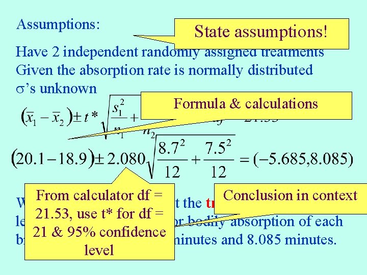 Assumptions: State assumptions! Have 2 independent randomly assigned treatments Given the absorption rate is