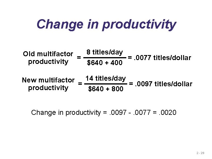 Change in productivity 8 titles/day Old multifactor = =. 0077 titles/dollar productivity $640 +