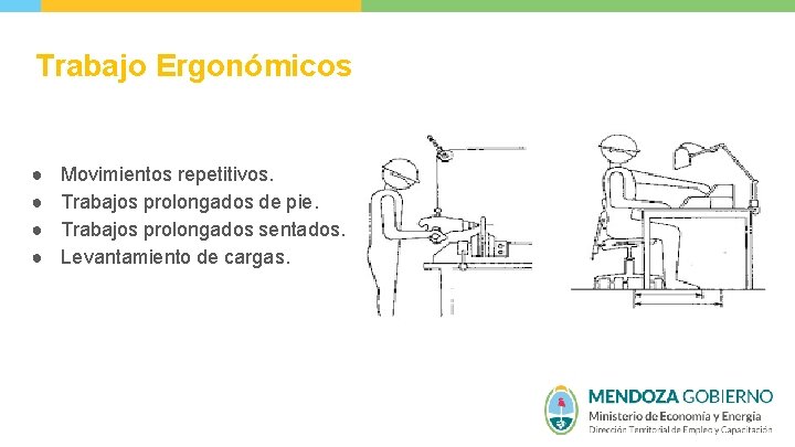 Trabajo Ergonómicos ● ● Movimientos repetitivos. Trabajos prolongados de pie. Trabajos prolongados sentados. Levantamiento