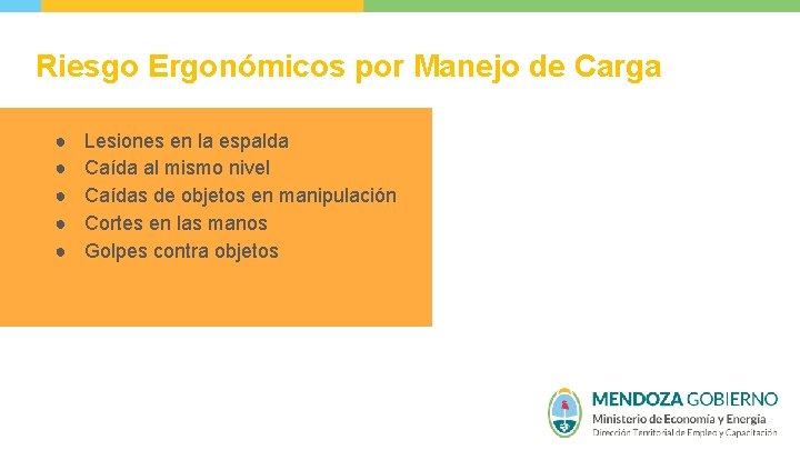 Riesgo Ergonómicos por Manejo de Carga ● ● ● Lesiones en la espalda Caída