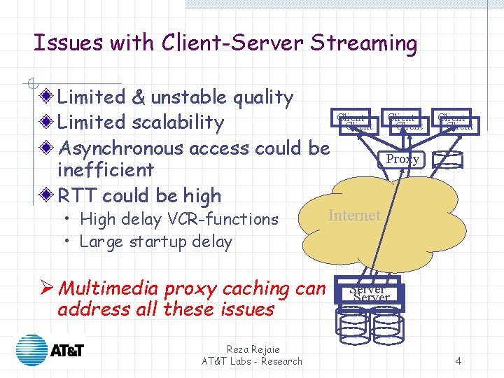 Issues with Client-Server Streaming Limited & unstable quality Limited scalability Asynchronous access could be Issues with Client-Server Streaming Limited & unstable quality Limited scalability Asynchronous access could be