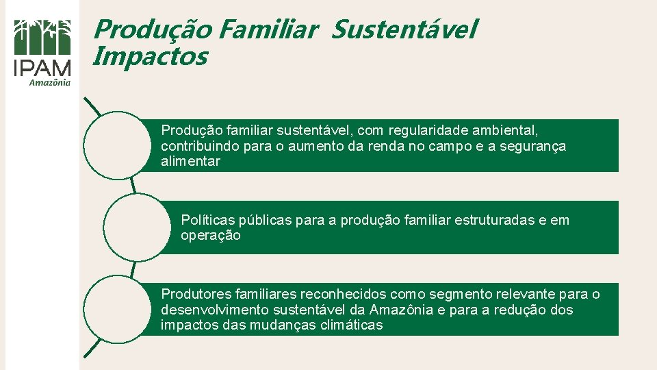 Produção Familiar Sustentável Impactos Produção familiar sustentável, com regularidade ambiental, contribuindo para o aumento