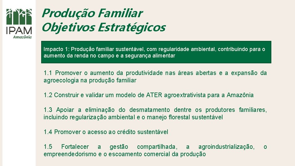 Produção Familiar Objetivos Estratégicos Impacto 1: Produção familiar sustentável, com regularidade ambiental, contribuindo para