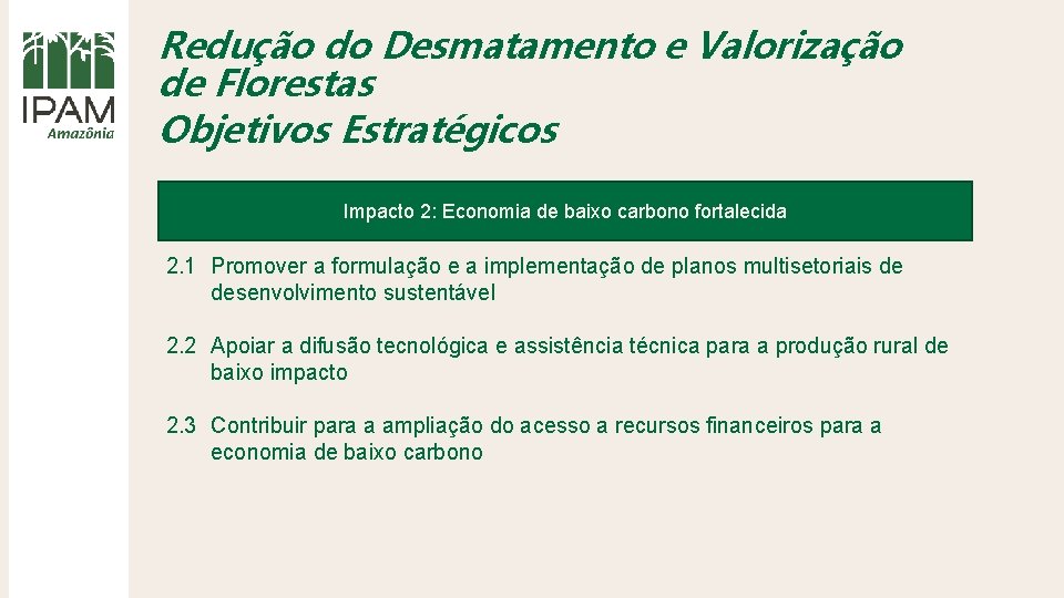 Redução do Desmatamento e Valorização de Florestas Objetivos Estratégicos Impacto 2: Economia de baixo