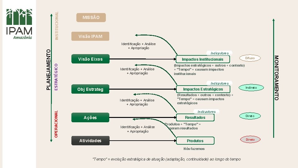 INSTITUCIONAL Visão IPAM Identificação + Análise + Apropriação Indicadores ESTRATÉGICO Visão Eixos Impactos Institucionais