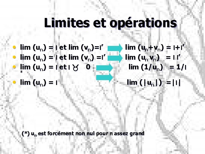 Limites et opérations • • • lim (un) = l et lim (vn)=l’ lim
