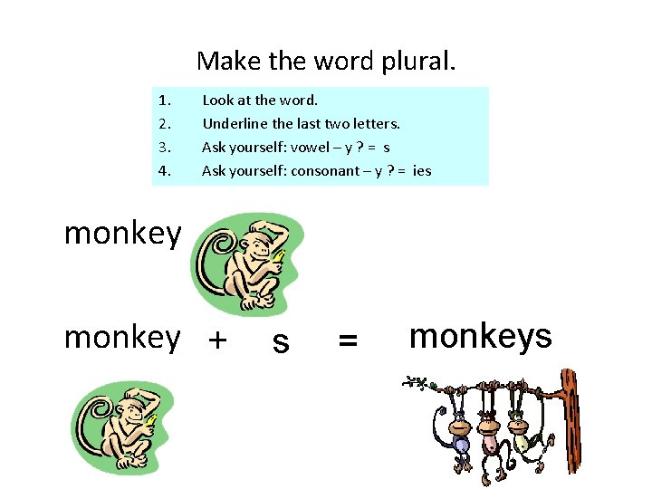 Make the word plural. 1. 2. 3. 4. Look at the word. Underline the