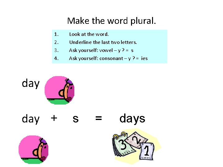 Make the word plural. 1. 2. 3. 4. Look at the word. Underline the