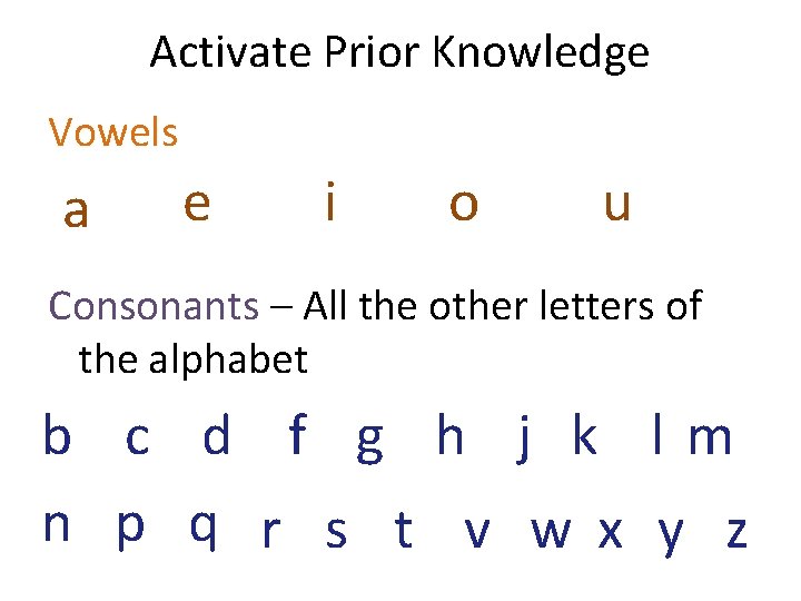 Activate Prior Knowledge Vowels a e i o u Consonants – All the other