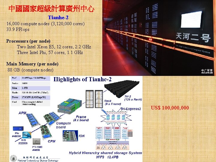 中國國家超級計算廣州中心 Tianhe-2 16, 000 compute nodes (3, 120, 000 cores) 33. 9 PFlops Processors