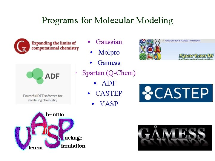 Programs for Molecular Modeling • Gaussian • Molpro • Gamess • Spartan (Q-Chem) •