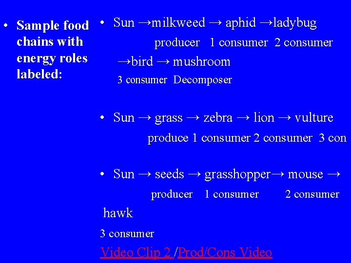  • Sample food • Sun →milkweed → aphid →ladybug chains with producer 1