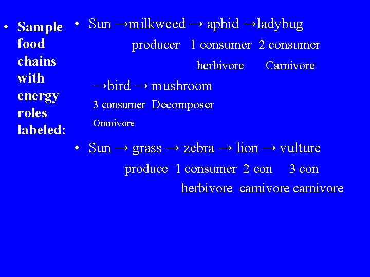  • Sample • Sun →milkweed → aphid →ladybug food producer 1 consumer 2