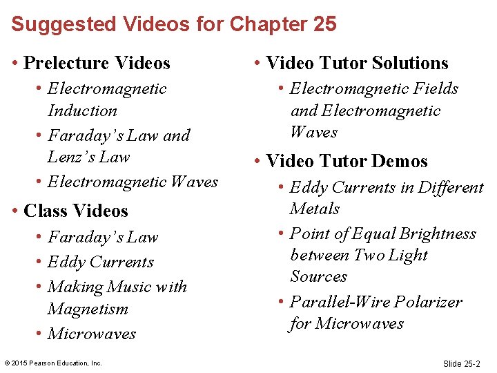 Suggested Videos for Chapter 25 • Prelecture Videos • Electromagnetic Induction • Faraday’s Law Suggested Videos for Chapter 25 • Prelecture Videos • Electromagnetic Induction • Faraday’s Law