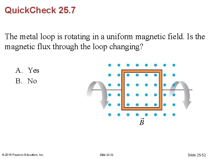 Quick. Check 25. 7 The metal loop is rotating in a uniform magnetic field. Quick. Check 25. 7 The metal loop is rotating in a uniform magnetic field.