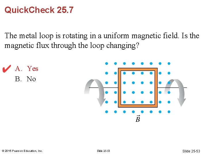 Quick. Check 25. 7 The metal loop is rotating in a uniform magnetic field. Quick. Check 25. 7 The metal loop is rotating in a uniform magnetic field.