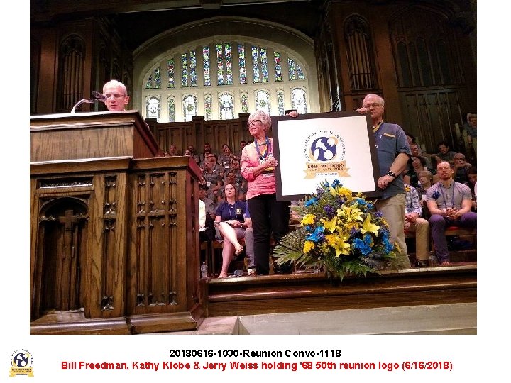 20180616 -1030 -Reunion Convo-1118 Bill Freedman, Kathy Klobe & Jerry Weiss holding '68 50