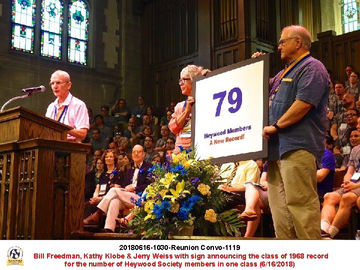 20180616 -1030 -Reunion Convo-1119 Bill Freedman, Kathy Klobe & Jerry Weiss with sign announcing