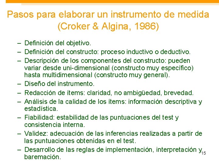Pasos para elaborar un instrumento de medida (Croker & Algina, 1986) – Definición del