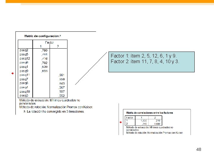 Factor 1: ítem 2, 5, 12, 6, 1 y 9. Factor 2: ítem 11,