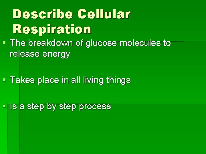 Describe Cellular Respiration § The breakdown of glucose molecules to release energy § Takes