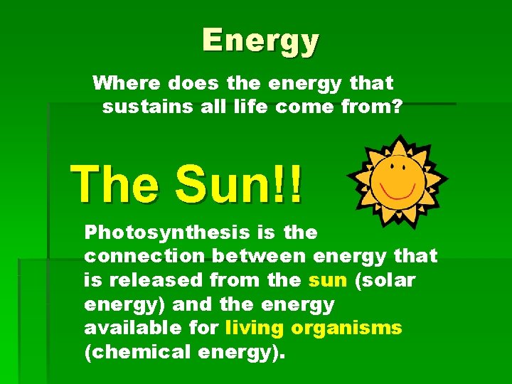 Energy Where does the energy that sustains all life come from? The Sun!! Photosynthesis