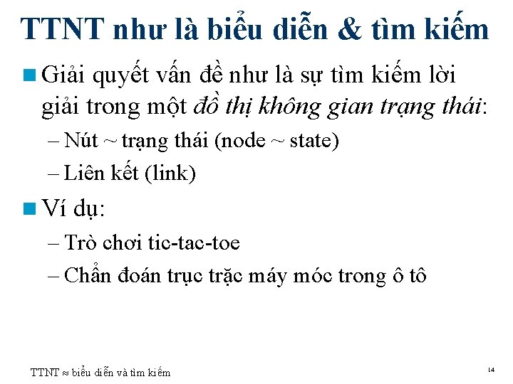 TTNT như là biểu diễn & tìm kiếm n Giải quyết vấn đề như