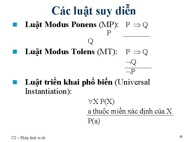 Các luật suy diễn n Luật Modus Ponens (MP): P Q Q n P