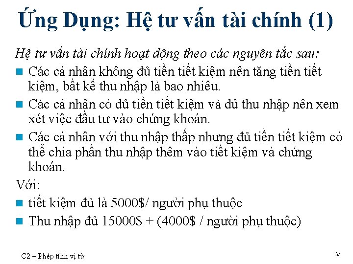 Ứng Dụng: Hệ tư vấn tài chính (1) Hệ tư vấn tài chính hoạt