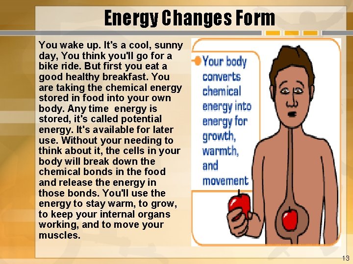 Energy Changes Form You wake up. It's a cool, sunny day, You think you'll