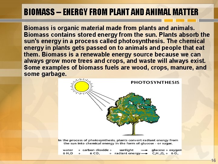 BIOMASS -- ENERGY FROM PLANT AND ANIMAL MATTER Biomass is organic material made from