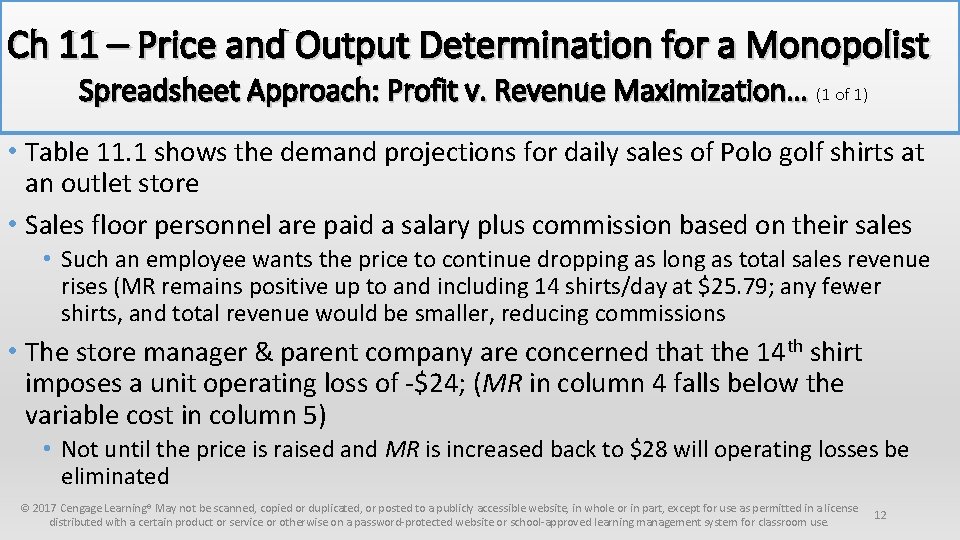 Ch 11 – Price and Output Determination for a Monopolist Spreadsheet Approach: Profit v.