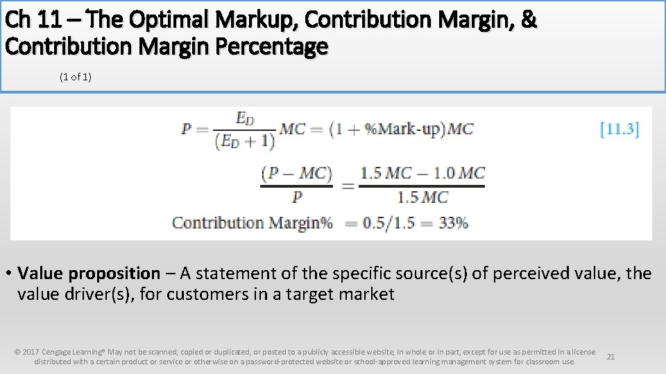 Ch 11 – The Optimal Markup, Contribution Margin, & Contribution Margin Percentage (1 of