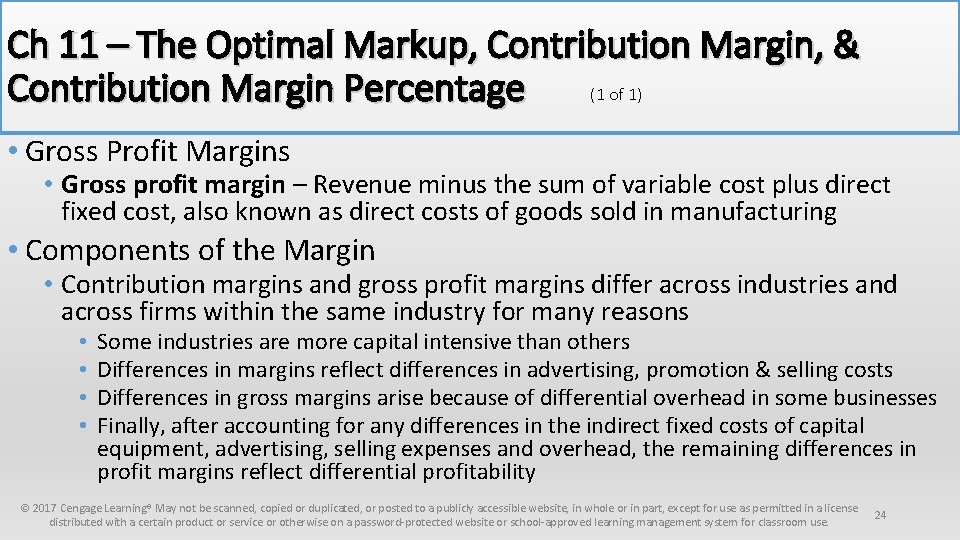 Ch 11 – The Optimal Markup, Contribution Margin, & Contribution Margin Percentage (1 of